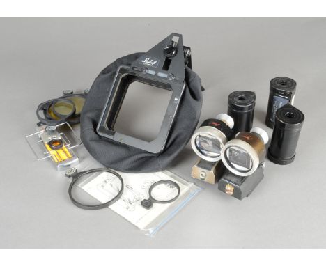 Linhof Accessories, including  universal optical viewfinder, sports finder, three Patrone 70mmc anisters, 4x5'' Ekalite field