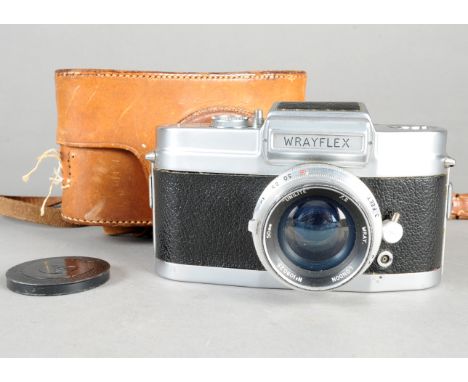 A Wrayflex 1a SLR Camera, serial no 2973, with Wray Unilite f/2 lens, lens cap, lens hood and maker's ERC, body G, shutter wo