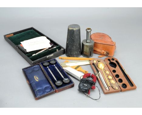 Various Instruments,  optical square, hydrometer, in case, lacks thermometer, Mayer and Meltzer speculum set, in case, Negret