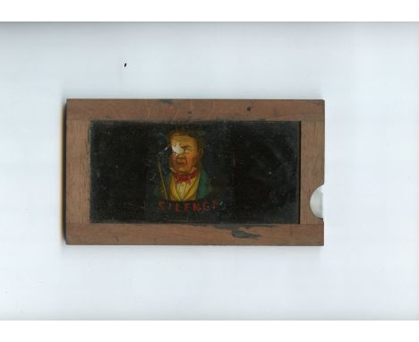 Mahogany-mounted Comic Chromo-Litho Magic Lantern Slides,  mechanical rackwork (3), slipping slides (7), slippers missing (3)