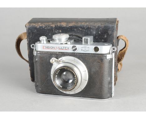 An Ensign Multex Model 0 Roll Film Camera, serial no H21764, rare model, shutter blind damaged, body G, with a Ross Xpres 53m