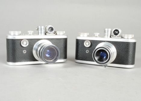 Two Corfield Periflex 1 Cameras, satin chrome, with periscope reflex viewfinders, serial no 614055 and 615071, shutters not w