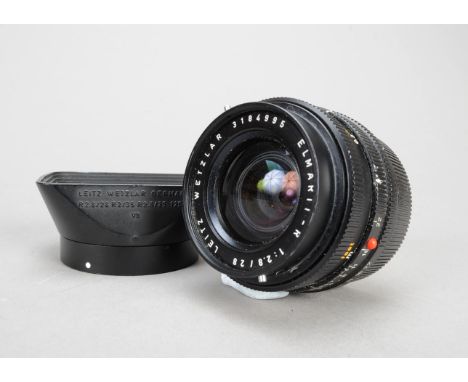 A Leitz Elmarit-R 28mm f/2.8 Lens, black, serial no 3184955, 1982, barrel F, several white marks, elements F-G, dust and fung