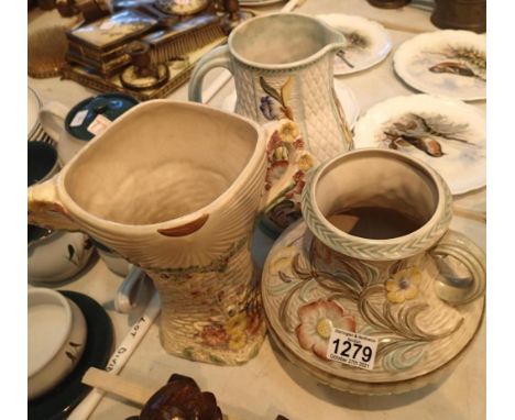 Two Woods ceramic jugs and a vase. Not available for in-house P&amp;P, contact Paul O'Hea at Mailboxes on 01925 659133 