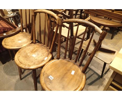 Three stick back dining chairs, H: 85 cm. Not available for in-house P&amp;P, contact Paul O'Hea at Mailboxes on 01925 659133