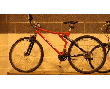 An 18 inch frame, 21 geared childs KHS Sport mountain bike, with front and rear suspension, power tools, stem bars and shifte