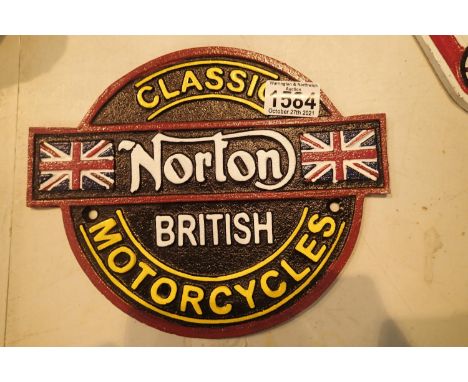 Cast iron British Norton motorcycles shop sign, L: 25 cm. P&amp;P Group 2 (£18+VAT for the first lot and £3+VAT for subsequen