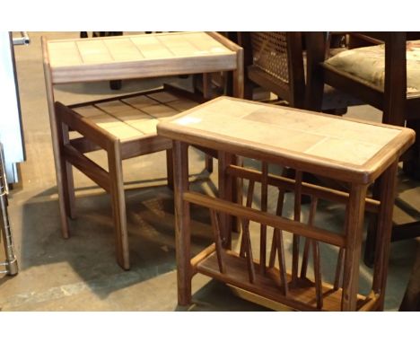 Two vintage tiled top tables and a tiled top magazine rack, H: 50 cm, L: 48 cm. Not available for in-house P&amp;P, contact P
