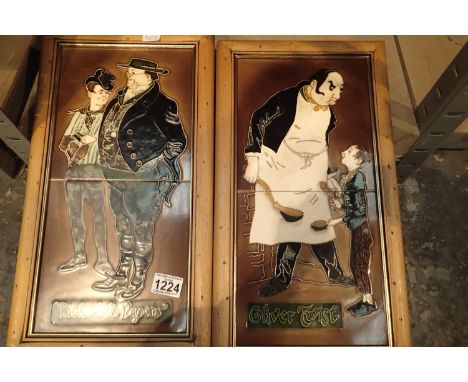 Two Majolica framed ceramic tiles Pickwick Papers and Oliver Twist. Not available for in-house P&amp;P, contact Paul O'Hea at