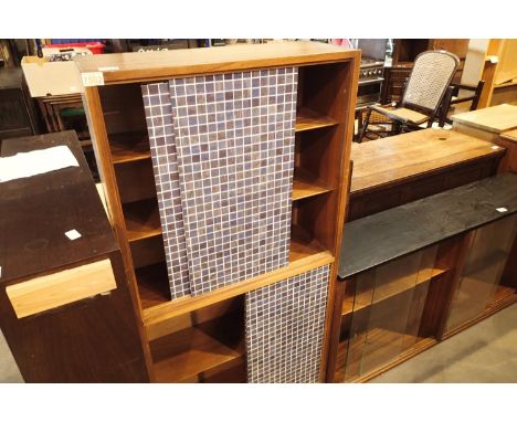 Two oak shelved display cabinets with sliding blue tile effect door, H: 145 cm. Not available for in-house P&amp;P, contact P