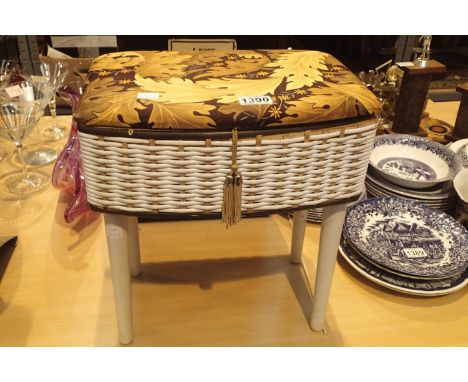 Vintage wicker, wood, lined and a padded sewing box with upholstered lid in William Morris fabric. Not available for in-house