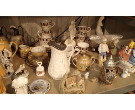 Shelf of mixed ceramics including a Goebel figurine. Not available for in-house P&amp;P, contact Paul O'Hea at Mailboxes on 0