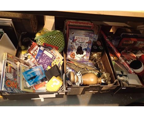 Four boxes of mixed items to include CDs, games, books, tins. Not available for in-house P&P, contact Paul O'Hea at Mailboxes