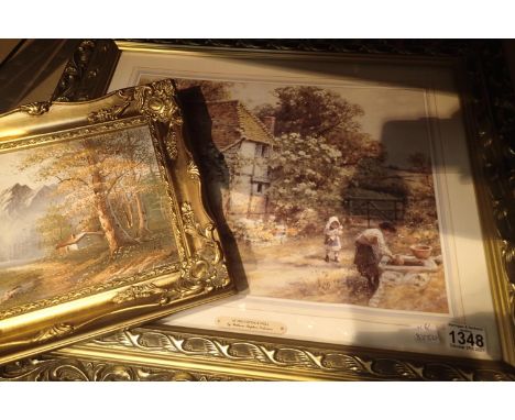 Two gilt framed oils on canvas (signatures indistinct) and a framed print. Not available for in-house P&amp;P, contact Paul O