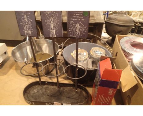 Enamel and stainless steel bowls with preserve jars, wine bottle stand, Christmas door wreath etc. Not available for in-house