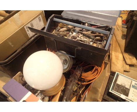 Box of mixed items including tools and a metal toolbox with contents. Not available for in-house P&amp;P, contact Paul O'Hea 