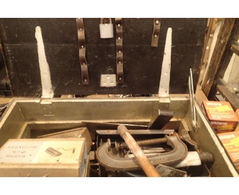 Wooden toolbox  with assortment of tools. Not available for in-house P&amp;P, contact Paul O'Hea at Mailboxes on 01925 659133