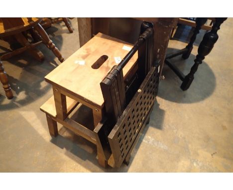Pine kitchen step stool four step decorators ladders and mahogany folding table, H: 55 cm. Not available for in-house P&amp;P