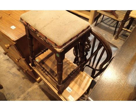 Small modern oak effect drop leaf table and a small vintage upholstered stool. Not available for in-house P&amp;P, contact Pa