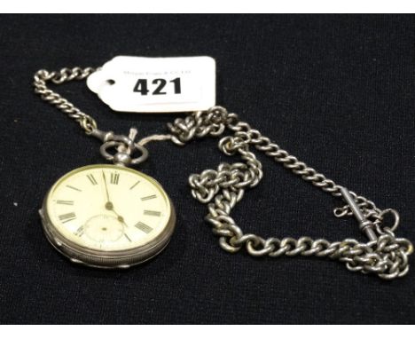 A Silver Encased Gents Pocket Watch Together With A Silver Watch Chain