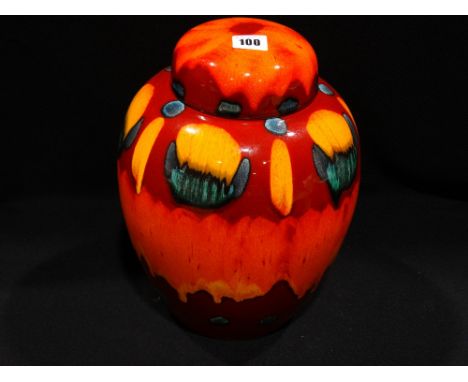 A Large Circular Based Poole Pottery Delphis Ware Ginger Jar &amp; Cover 13" High