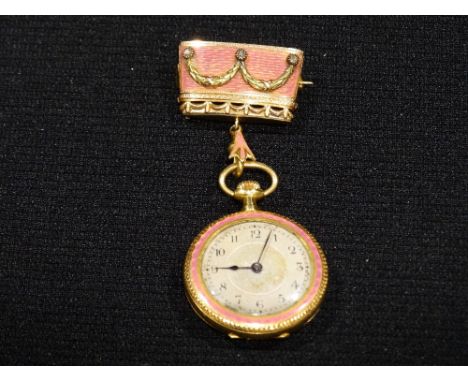 A Fine Quality 18ct Gold Diamond Set &amp; Pink Enamel Ladies Pendant Fob Watch By Wilsdorf &amp; Davis (Rolex). Having A Fif