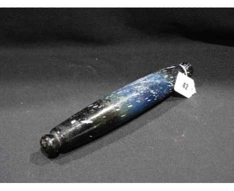 A Victorian Hand Blown Blue Splatter Glass Rolling Pin, 12" Long