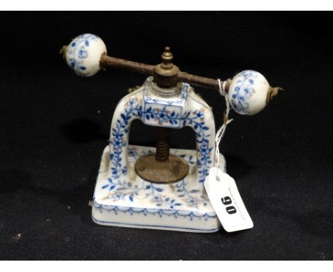 A Probably Meissen Blue & White Dumbbell Garlic Press With Blossom Pattern, 4.5" HighHairline crack running where the dumbell