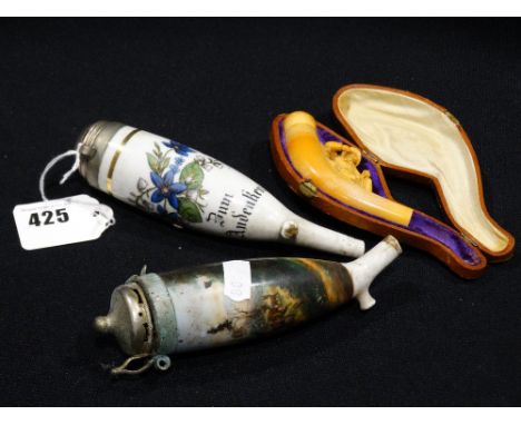 Two German Ceramic Pipe Bowls Together With A Cased Meerschaum Pipe