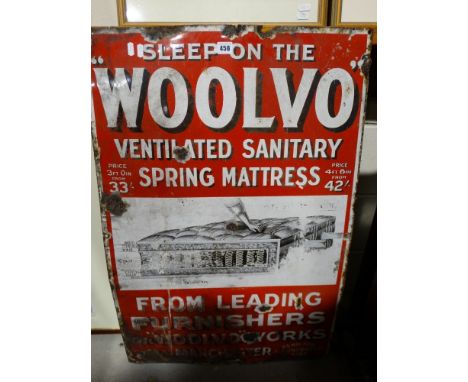 An Enamel Advertising Sign For Woolvo Spring Mattresses, 36 X 24"