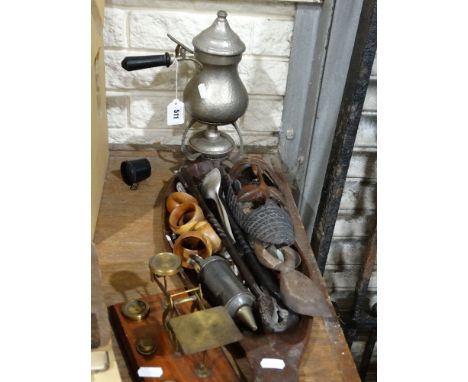 A Beaten Pewter Spirit Kettle & Stand Together With A Brass & Mahogany Postal Scale Etc