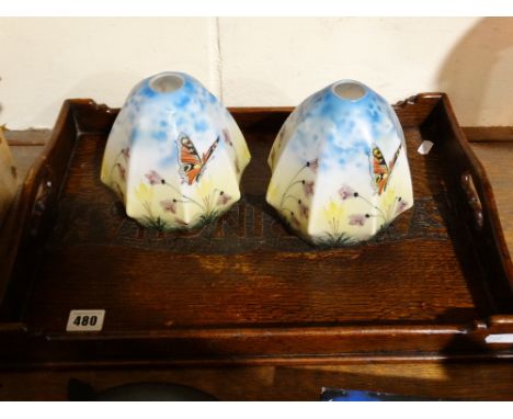 A Matched Pair Of Butterfly Lamp Shades, Together With An Oak Serving Tray