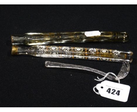 Two Early 19th Century Glass Perfume Bottles With Gilt & Enamel Highlights Together With A Glass Mixing Spoon
