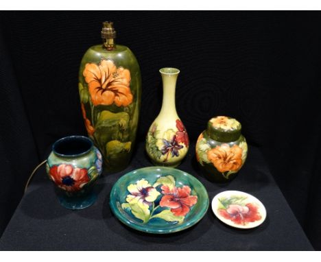 A Collection Of Six Moorcroft Pottery Items To Include A Green Ground Table Lamp Base (12" High), A Signed Anenome Pattern Va