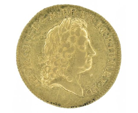 King George I, Guinea, 1715, Third laureate head r. no hair below truncation R. Crowned cruciform shields, sceptres in angles