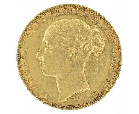 Queen Victoria, Sovereign, 1881, First head l. WW buried in trun, M below head for Melbourne Mint, Australia, R. St. George a
