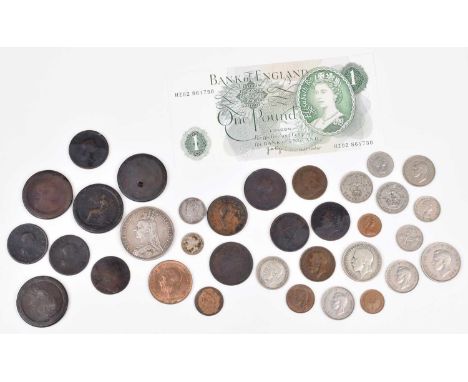 An assortment of various historical coinage to include Queen Victoria, Crown, 1889, George IV, Sixpence, 1828, George V, Thre