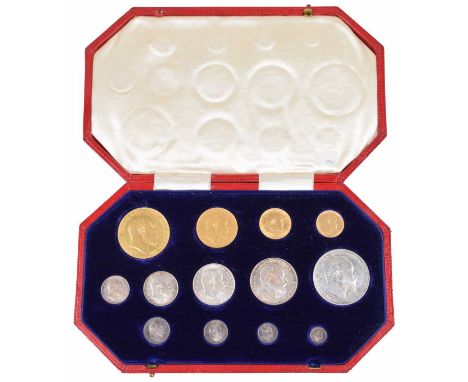 Edward VII 1902 Coronation thirteen-coin specimen set comprising four gold coins to include Five Pounds, Two Pounds, Sovereig