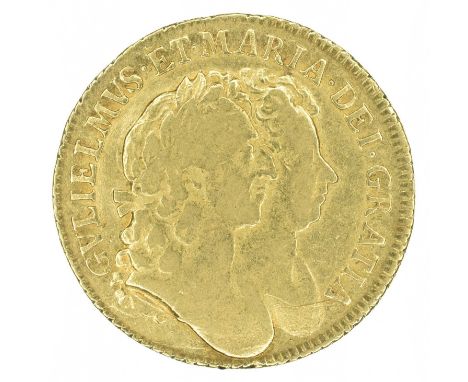 William and Mary, Guinea, 1689, Conjoined busts r. R. Crowned shield of arms Lion of Nassau at centre, edge milled, gold, wei