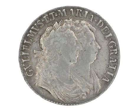 William and Mary, Halfcrown, 1689, First busts r. R. Second crowned shield, Caul only frosted, pearls, silver, weight 14.8g, 
