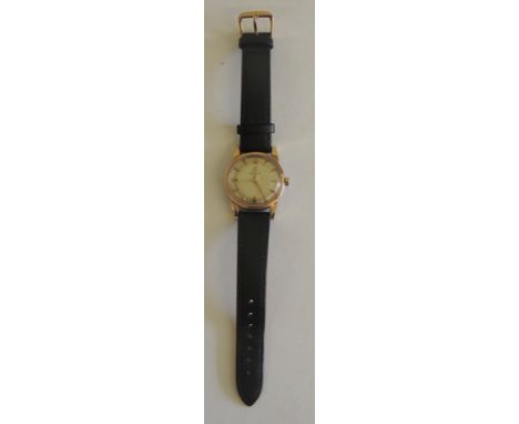 A gents "OMEGA, SEAMASTER AUTOMATIC" wristwatch, the matt dial with gold arabic Quarter and line numerals, gold metal surroun