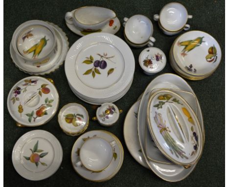 A collection of Royal Worcester Evesham Tableware: comprising of six side plates, six twin handled soup bowls and saucers, ni