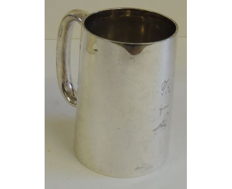 A silver tankard, hallmarked for London 1909, engraved with presentation initials. 8.2oz approx. 