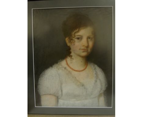 EARLY 19TH CENTURY ENGLISH SCHOOL - Portrait of a young woman, head and shoulders, wearing a coral necklace and a white dress