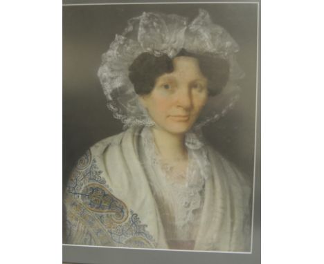 19TH CENTURY ENGLISH SCHOOL - Portrait of a lady, head and shoulders, wearing a white lace cap and Kashmir shawl together wit