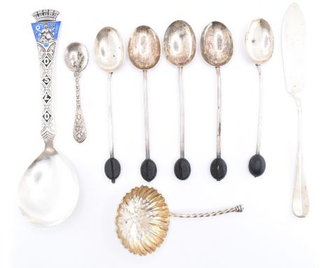 A collection of hallmarked silver spoons to include a David Anderson Danish sterling silver and enamel Oslo souvenir spoon,&n