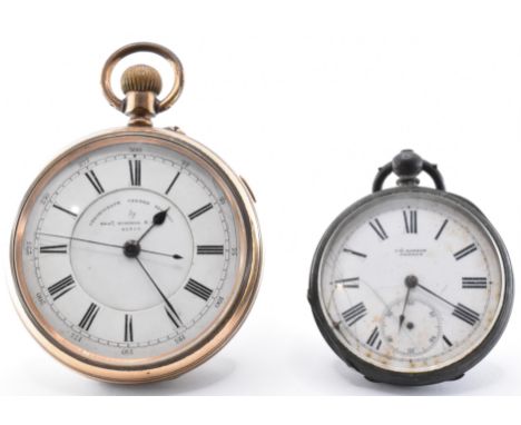 A Thomas Russell Chronograph Centre Seconds pocket watch in yellow metal with open face and crown wind. Together with a silve