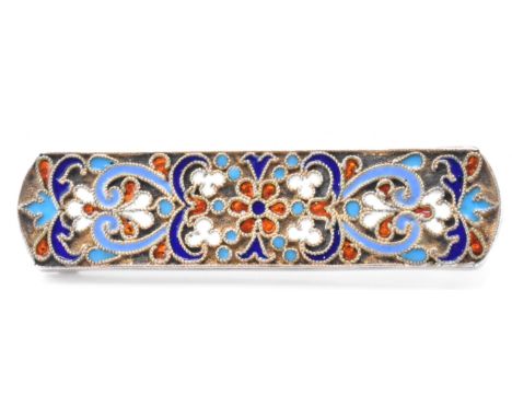 A late 19th Century Russian silver and enamel brooch of rectangular form. The brooch having a filigree scrolled design with w