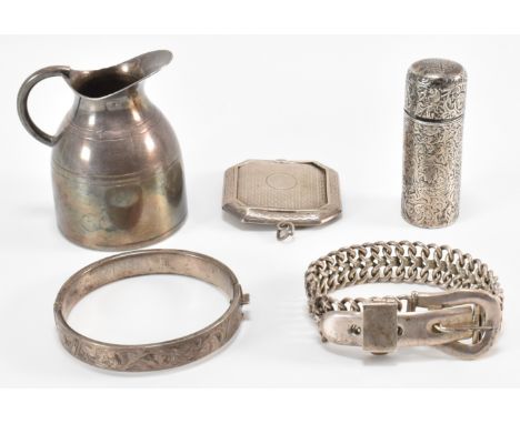 A group of silver items to include a contemporary Victorian style buckle bracelet (marked 925, measures 9 inches), a silver h