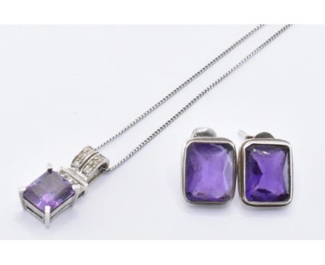 A 9ct white gold pendant necklace having a 14ct white gold pendant set with a rectangular cut purple CZ and white accent ston